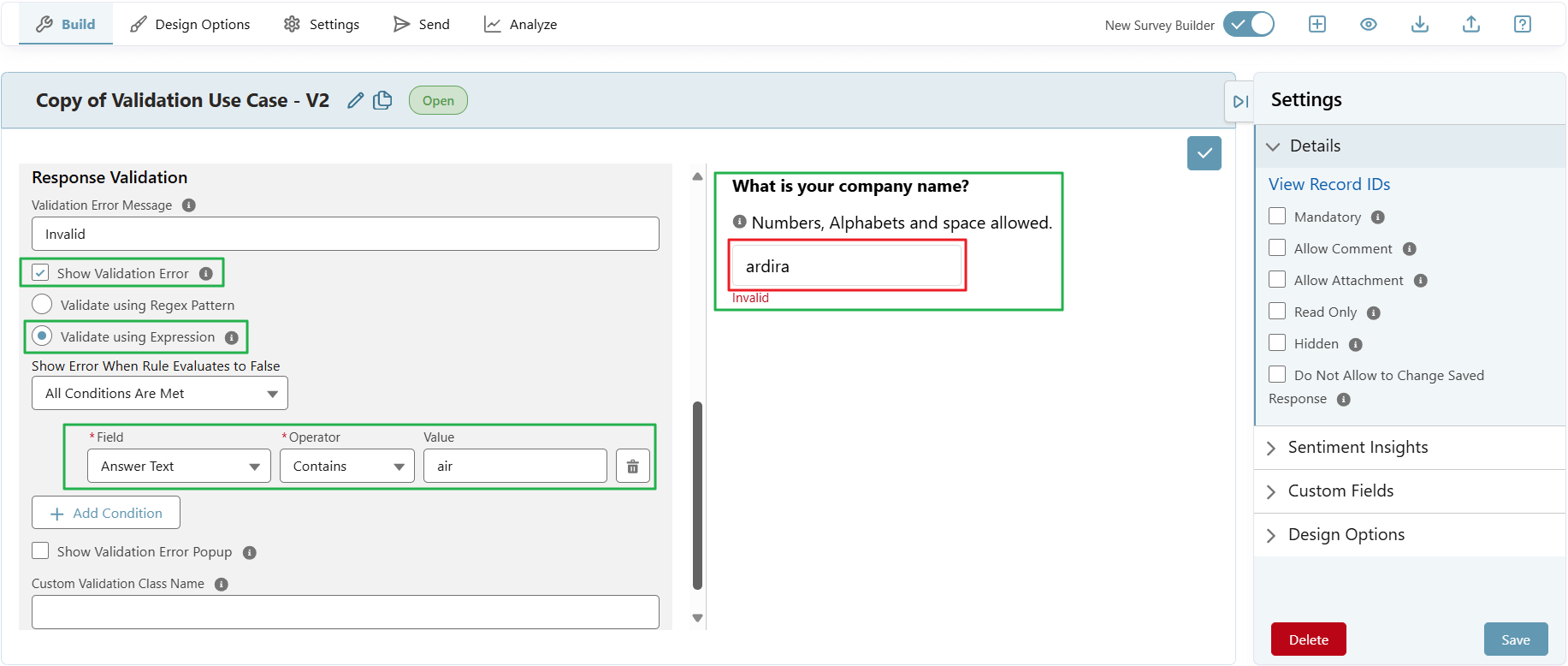 Configure question response validation surveyvista